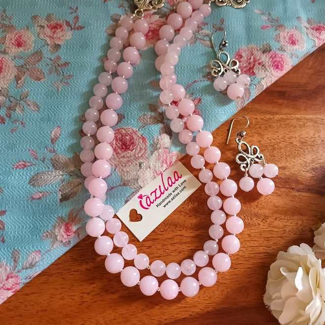 Elegant Pink Rose quartz gemstone handmade necklace set