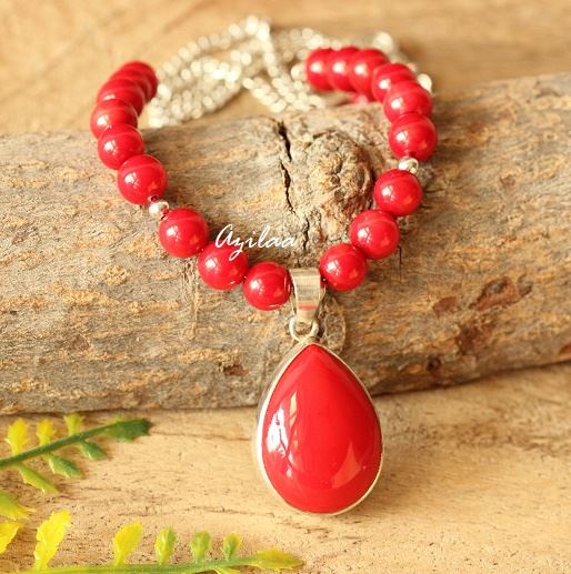 Elegant Red coral gemstone silver pendant necklace