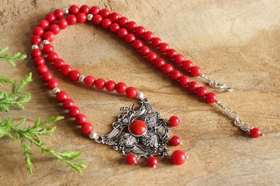 Elegant Red coral gemstone silver pendant necklace set