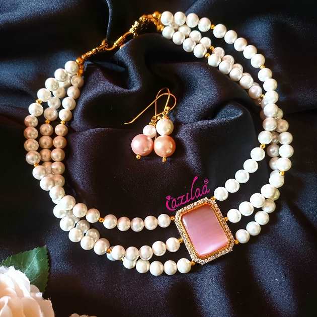 Elegant pearl CZ choker necklace earrings