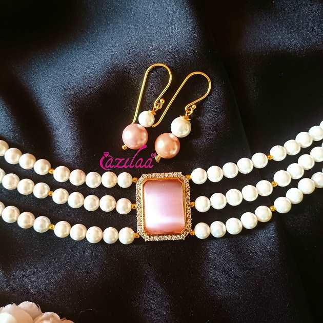 Elegant pearl CZ choker necklace earrings