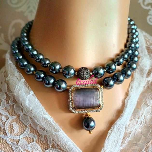 Elegant pearl CZ choker necklace earrings set