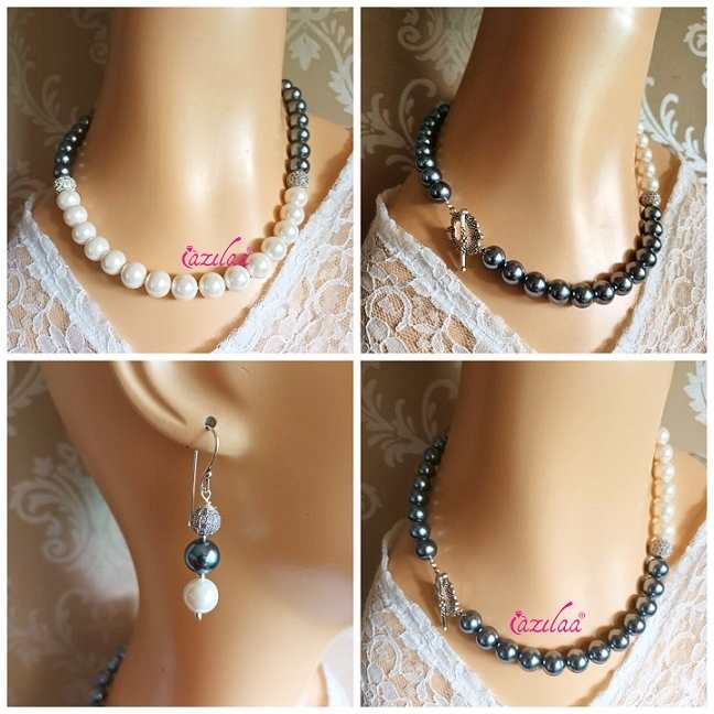 Elegant pearl CZ choker necklace earrings set