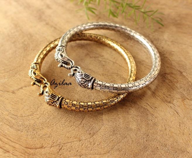 2 Elephant Antique silver and Gold bangle bracelets