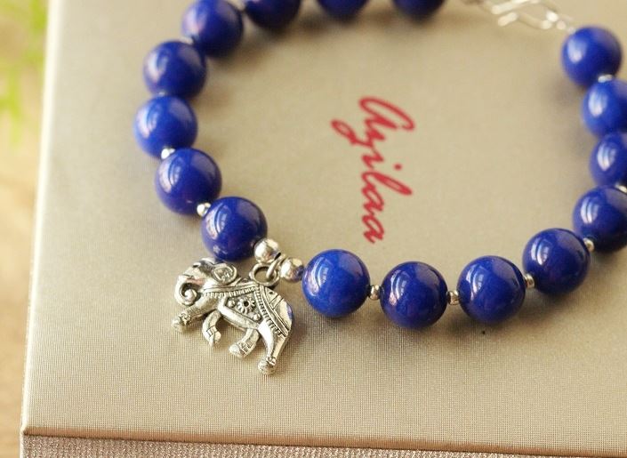 Elephant charm gemstone beaded blue handmade bracelet