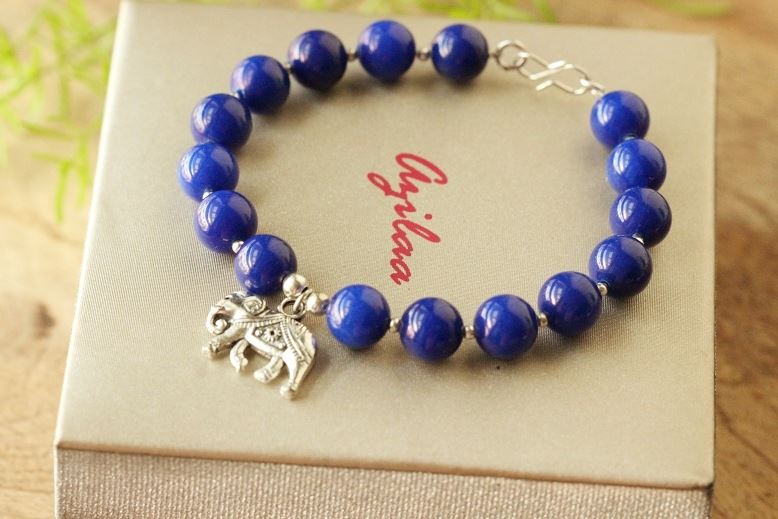 Elephant charm gemstone beaded blue handmade bracelet