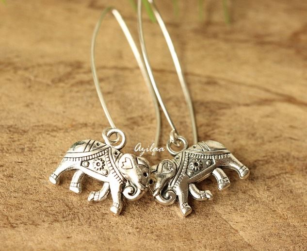 Elephant charm silver dangler long earrings