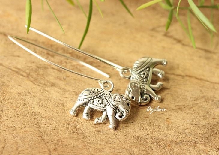 Elephant charm silver dangler long earrings