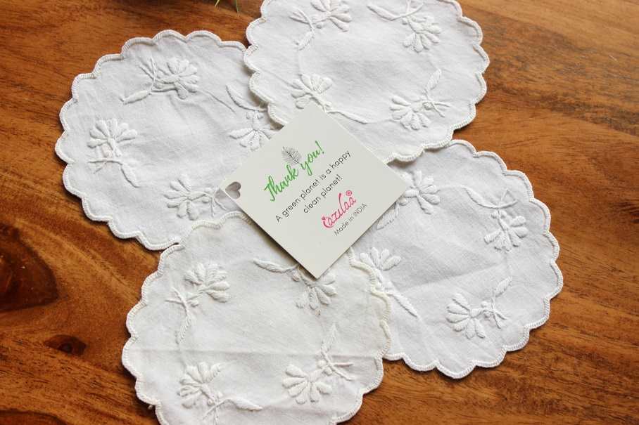 Embroidered white flower cotton coaster handmade 4 Pcs