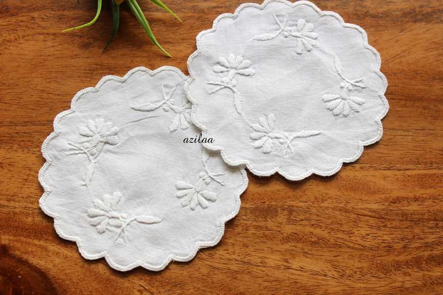 Embroidered white flower cotton coaster handmade 4 Pcs