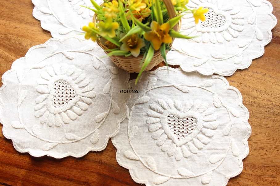 Embroidered white heart cotton coaster handmade 4 Pcs