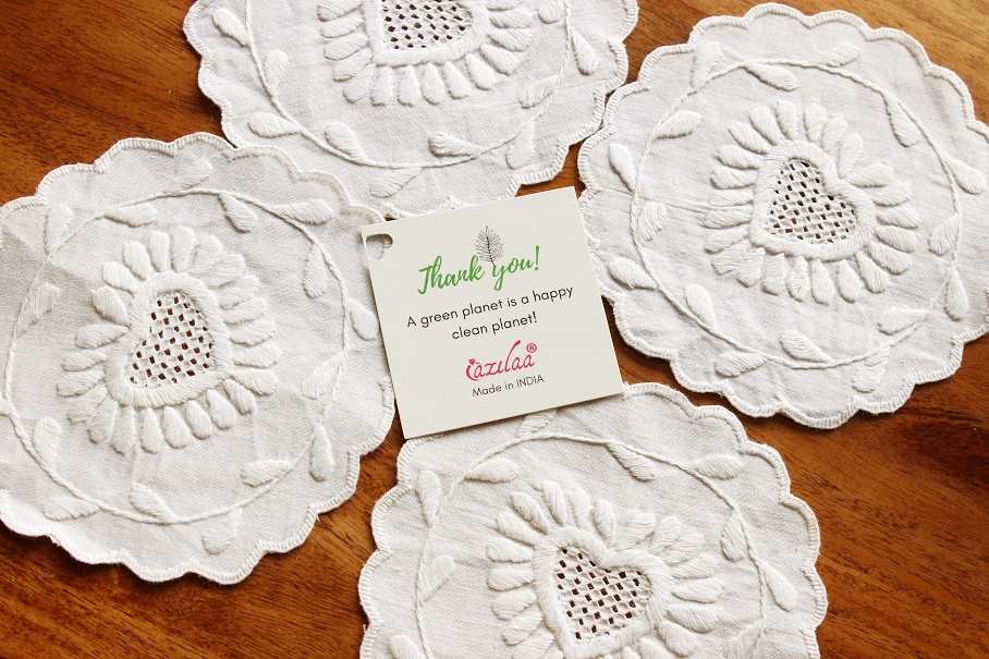 Embroidered white heart cotton coaster handmade 4 Pcs