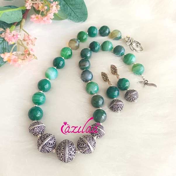 English Green agate gemstone beaded handmade necklace set