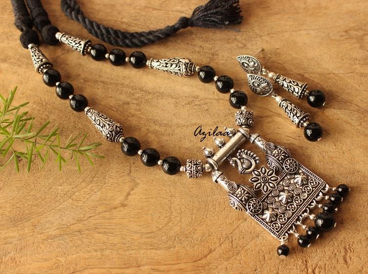 Black onyx gemstone necklace earrings set, Ethnic necklace set