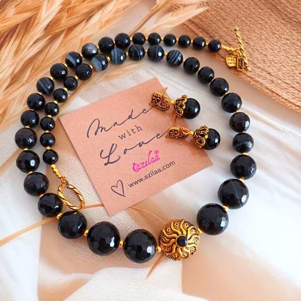 Ethnic Black agate gemstone handmade antique gold tone necklace
