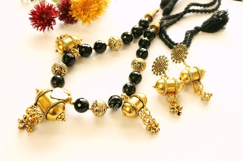 Ethnic Black gemstone necklace set,Antique gold tone necklace
