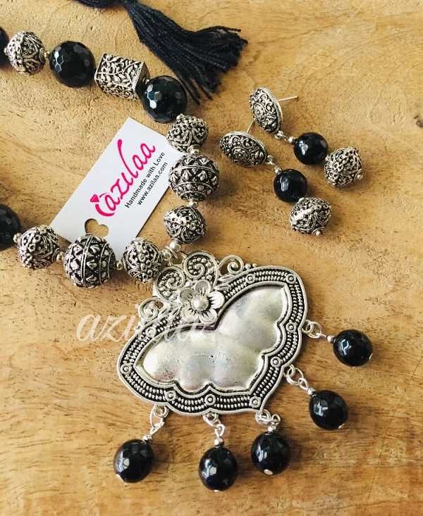 Ethnic Black onyx  gemstone beaded handmade necklace set