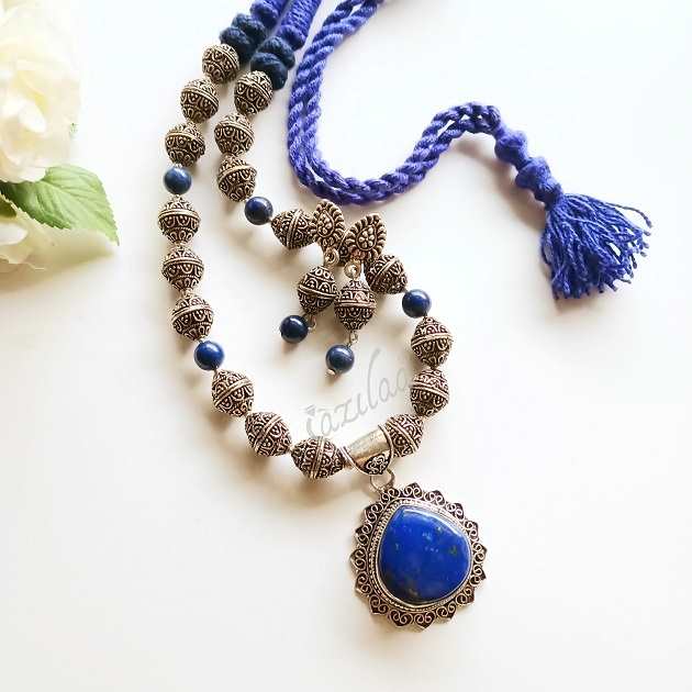 Ethnic Blue Lapis lazuli Gemstone pendant handmade necklace set