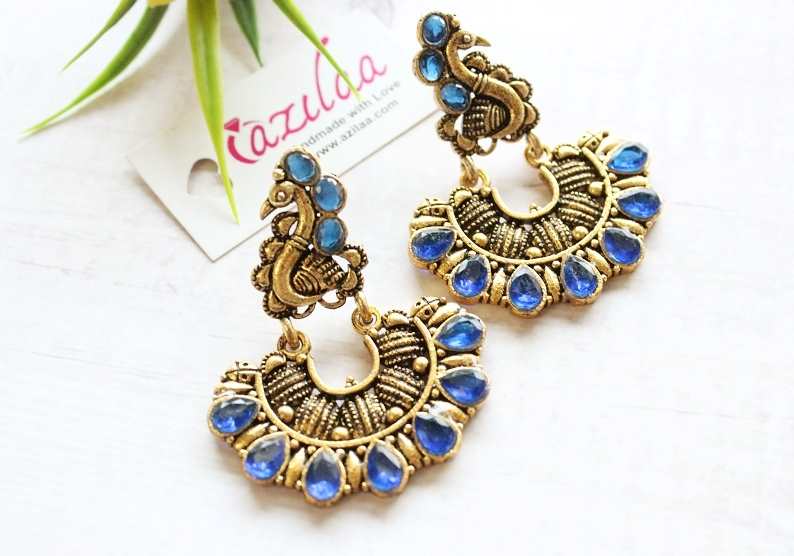 Ethnic Blue Peacock Antique Gold tone earrings