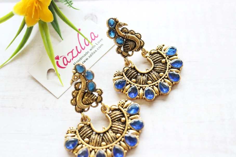 Ethnic Blue Peacock Antique Gold tone earrings