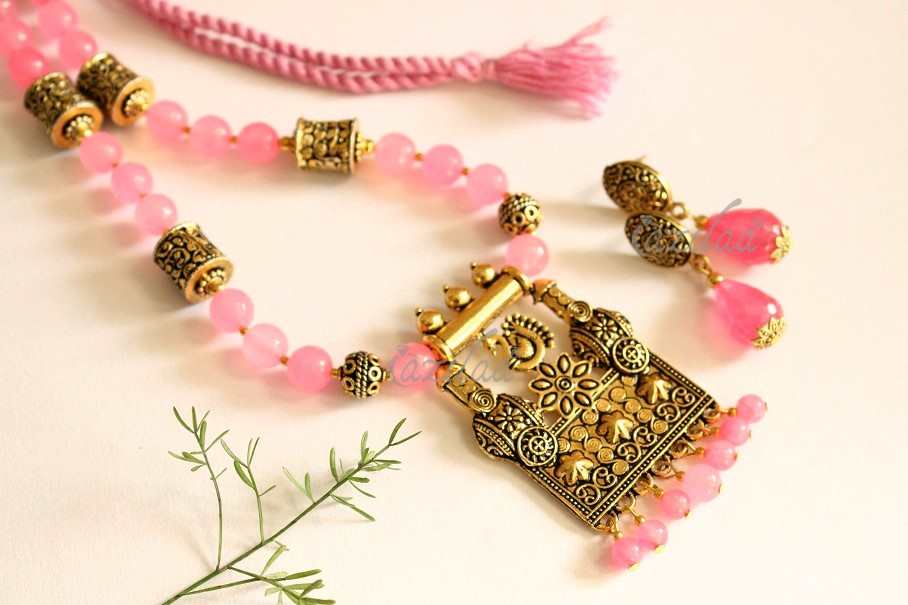 Ethnic Designer PINK necklace earrings, Antique gold necklace