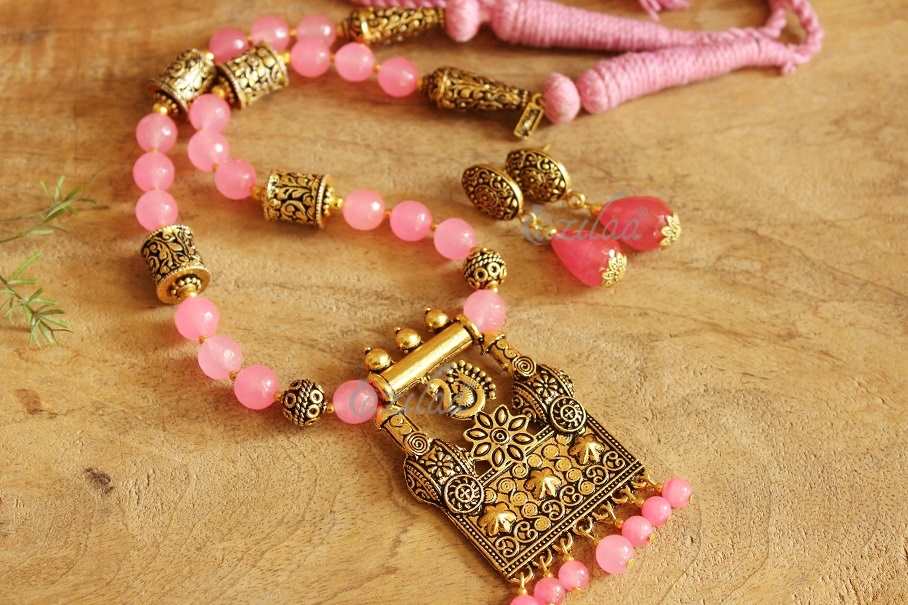 Ethnic Designer PINK necklace earrings, Antique gold necklace