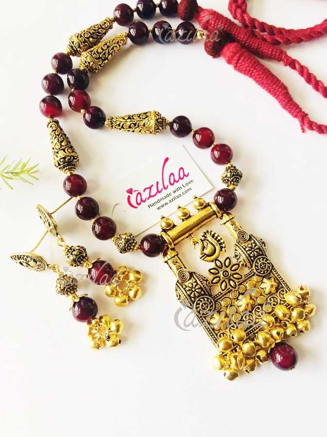 Ethnic Designer maroon necklace earrings, Antique gold necklace