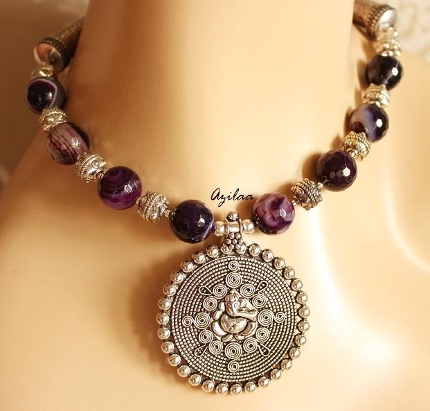 Ethnic Ganesha Purple agate gemstone handmade necklace 