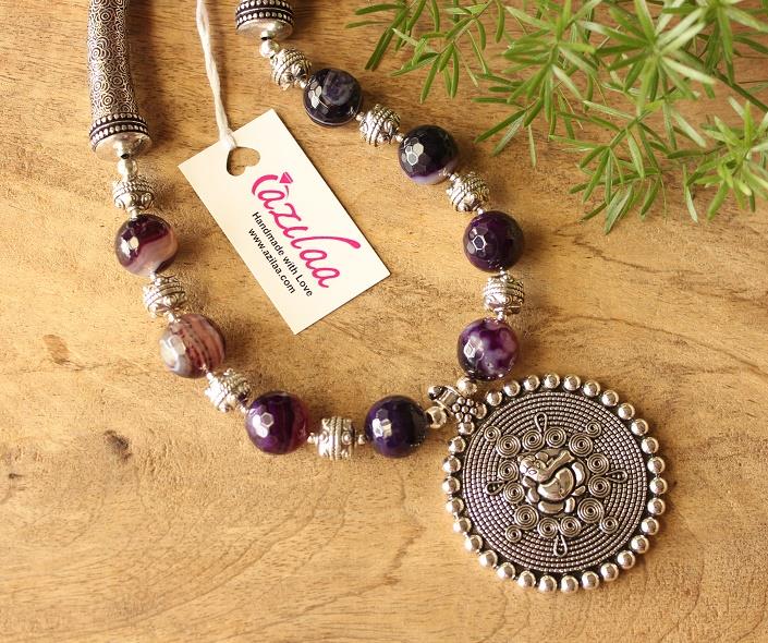 Ethnic Ganesha Purple agate gemstone handmade necklace 