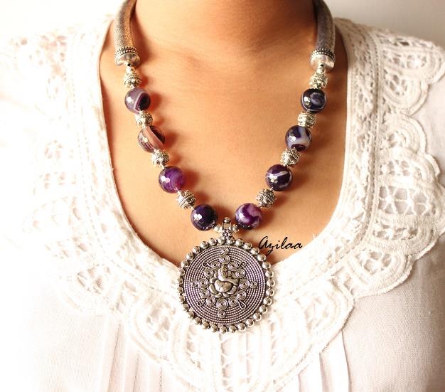 Ethnic Ganesha Purple agate gemstone handmade necklace 