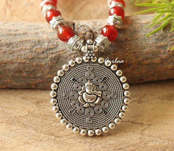Ethnic Ganesha gemstone Carnelian handmade necklace