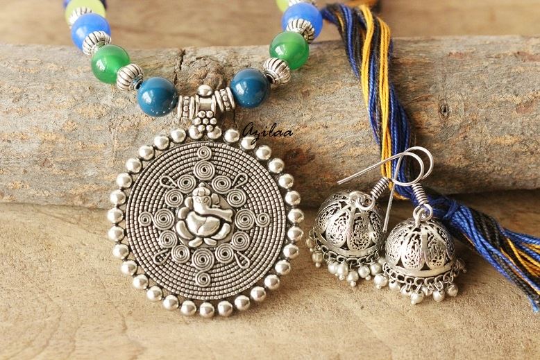 Ethnic Ganesha silver plated gemstone handmade necklace set