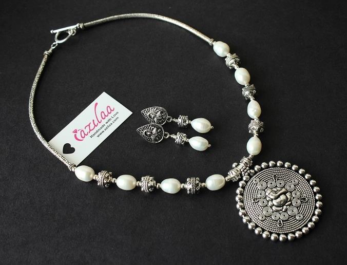 Ethnic Ganesha white pearl artisan handmade necklace set