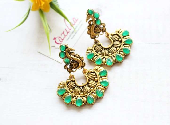 Ethnic Green Peacock Antique Gold tone earrings