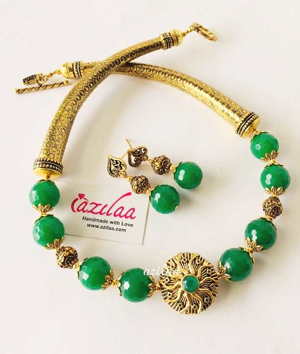 Ethnic Green gemstone beaded necklace set 