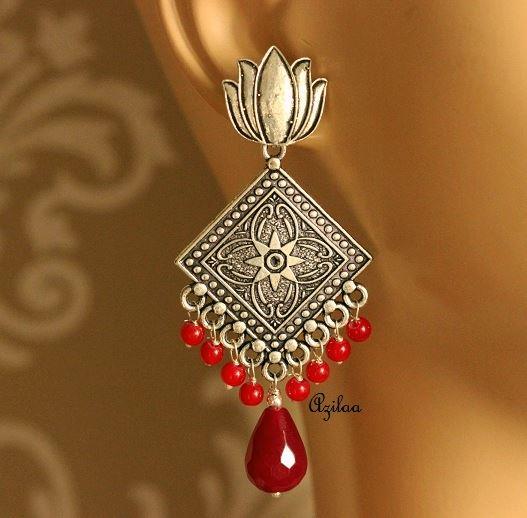 Ethnic Lotus red maroon gemstone designer silver plated earrings