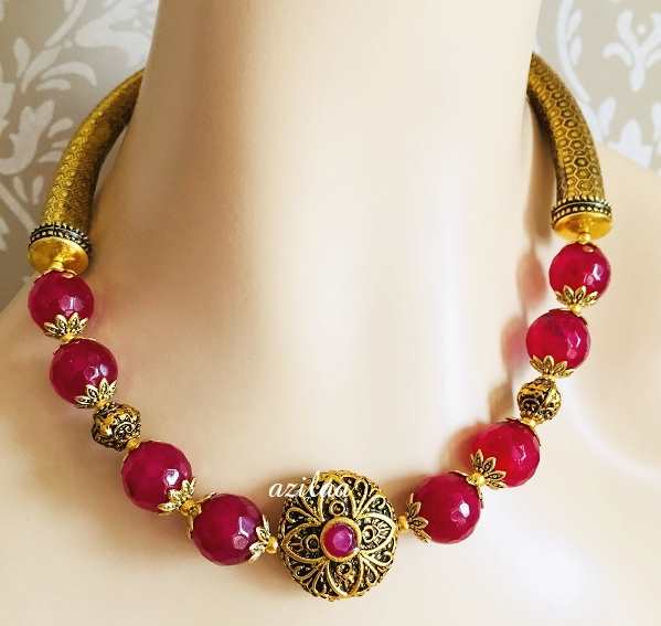 Ethnic Maroon gemstone beaded necklace set 
