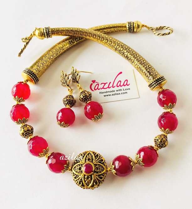 Ethnic Maroon gemstone beaded necklace set 