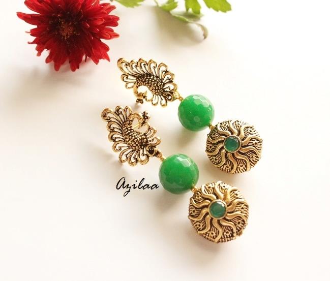 Ethnic Peacock earrings green gemstone gold tone Earrings