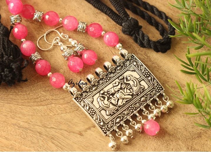 Ethnic Pink Ganesha gemstone artisan handmade necklace set