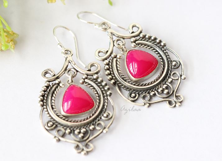 Ethnic Pink Sterling silver gemstone Chandelier Earrings