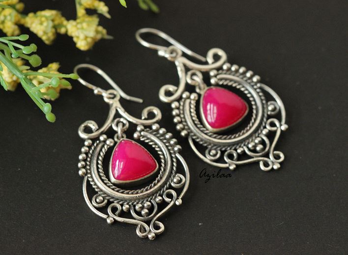 Ethnic Pink Sterling silver gemstone Chandelier Earrings
