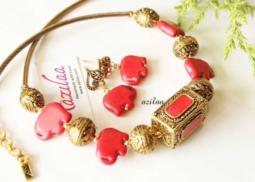 Ethnic Red Elephant choker beaded golden necklace earrings set