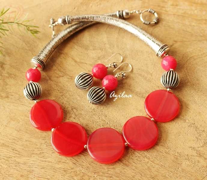 Ethnic carrot pink disk agate gemstone beaded necklace set 