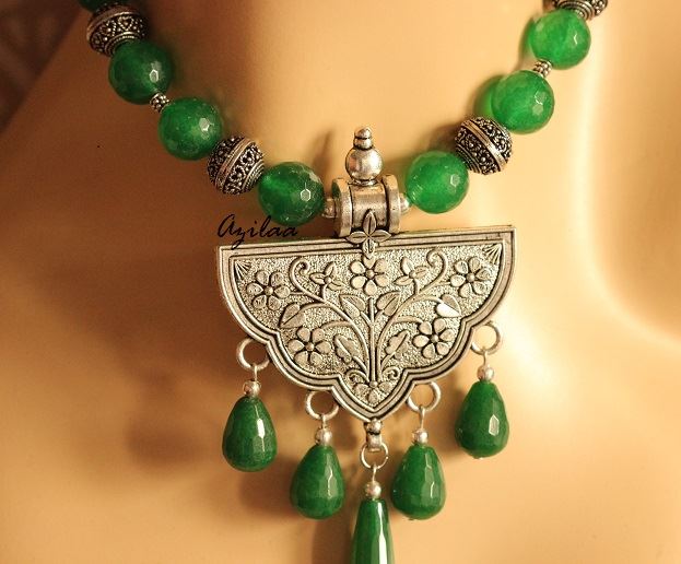 Ethnic Statement green Gemstone artisan handmade necklace set
