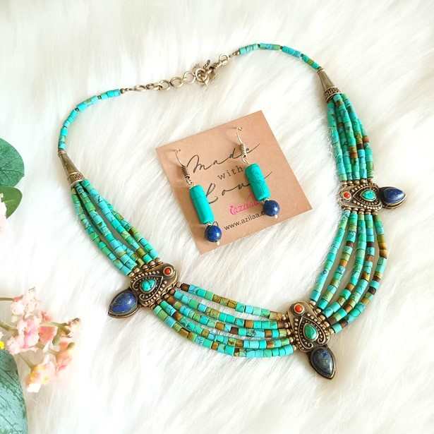 Ethnic Turquoise lapis gemstone artisan necklace earring set