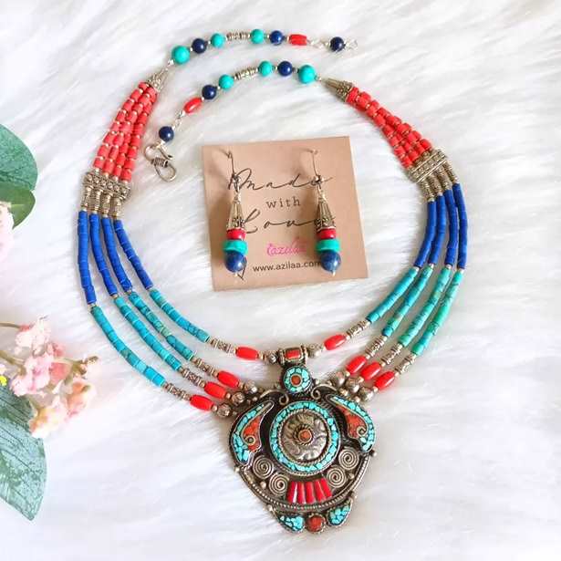 Ethnic Turquoise lapis gemstone artisan necklace earring set