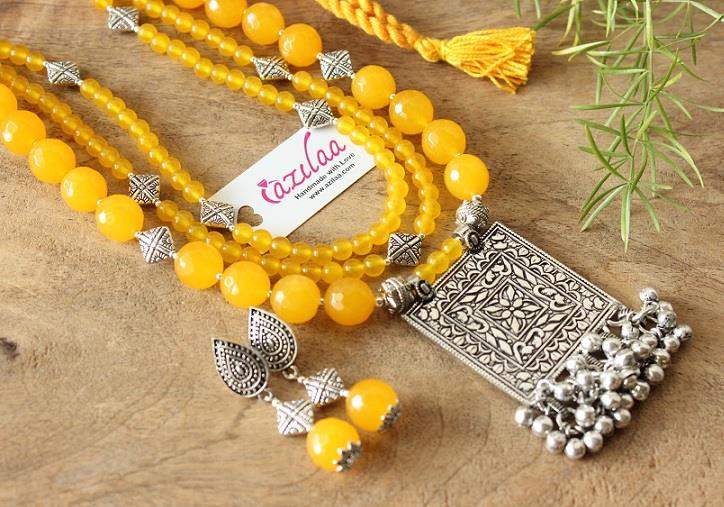 Ethnic Yellow beaded layered gemstone handmade necklace set