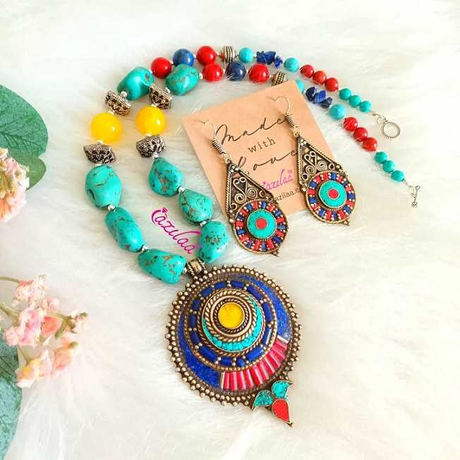 Ethnic artisan gemstone turquoise coral lapis beaded necklace