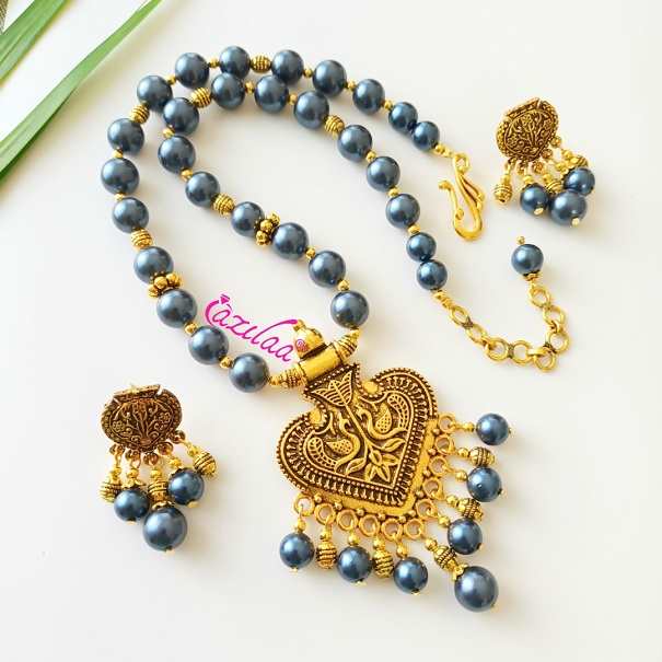 Ethnic blue Pearl designer golden necklace earrings set